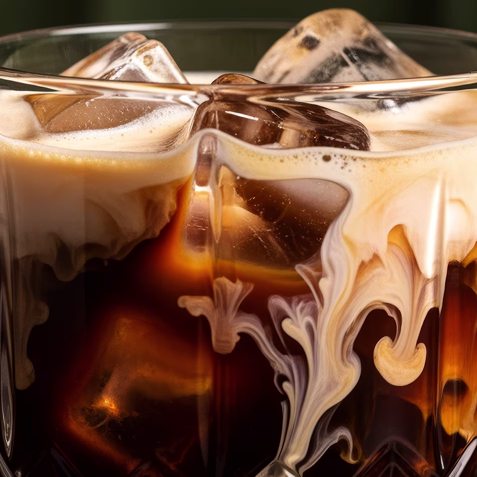 Vodka, coffee, cream and ice mix together in a close up of a White Russian cocktail.