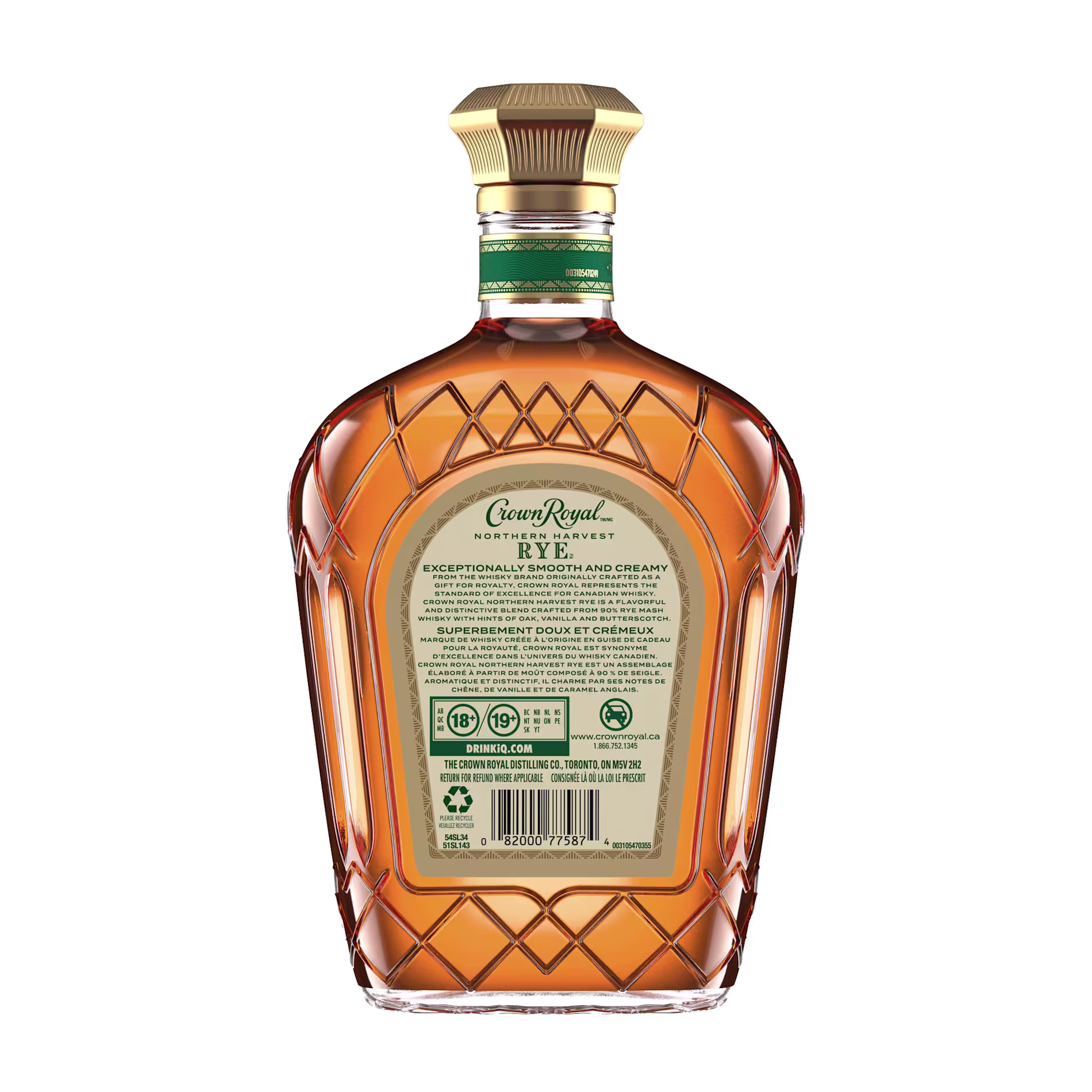 A bottle of Crown Royal Northern Harvest Rye whisky shown from the back, featuring product details and labeling on the glass.