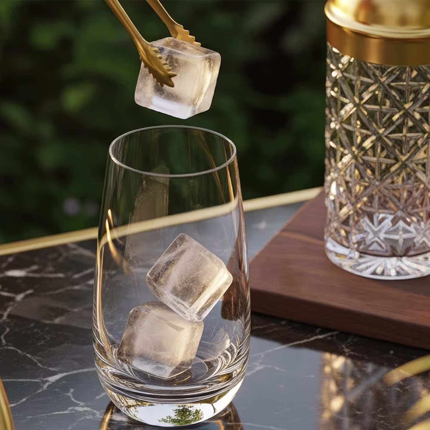 Tongs drop ice cubes into a tall glass.