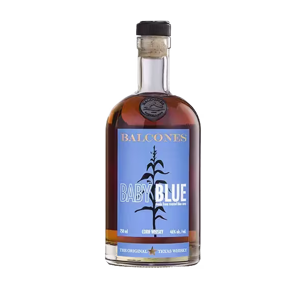A bottle of Balcones Baby Blue Corn Whisky with a blue label, containing 750ml and 46% alcohol by volume.