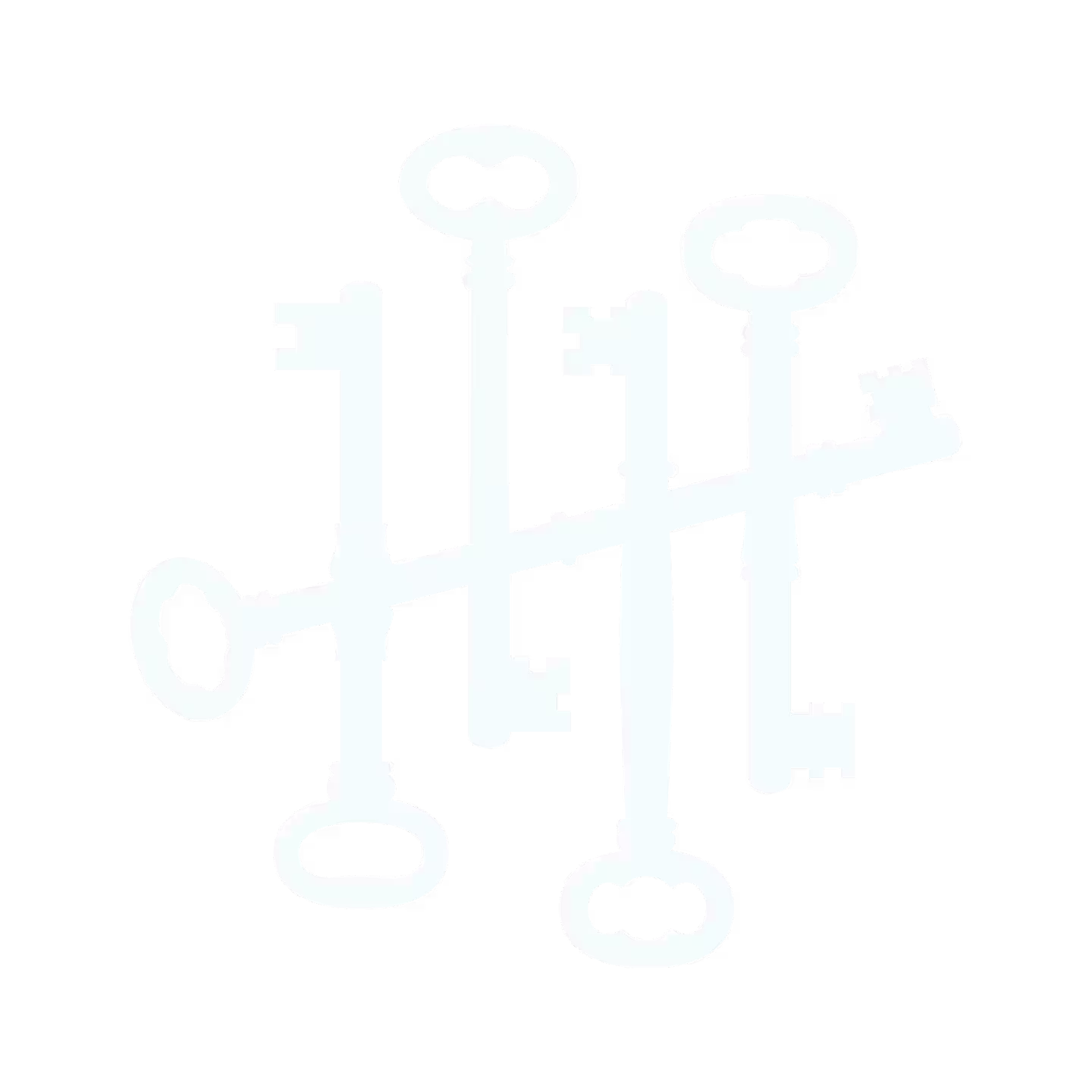 Four vintage-style keys are arranged diagonally and overlap each other on a plain, light background.