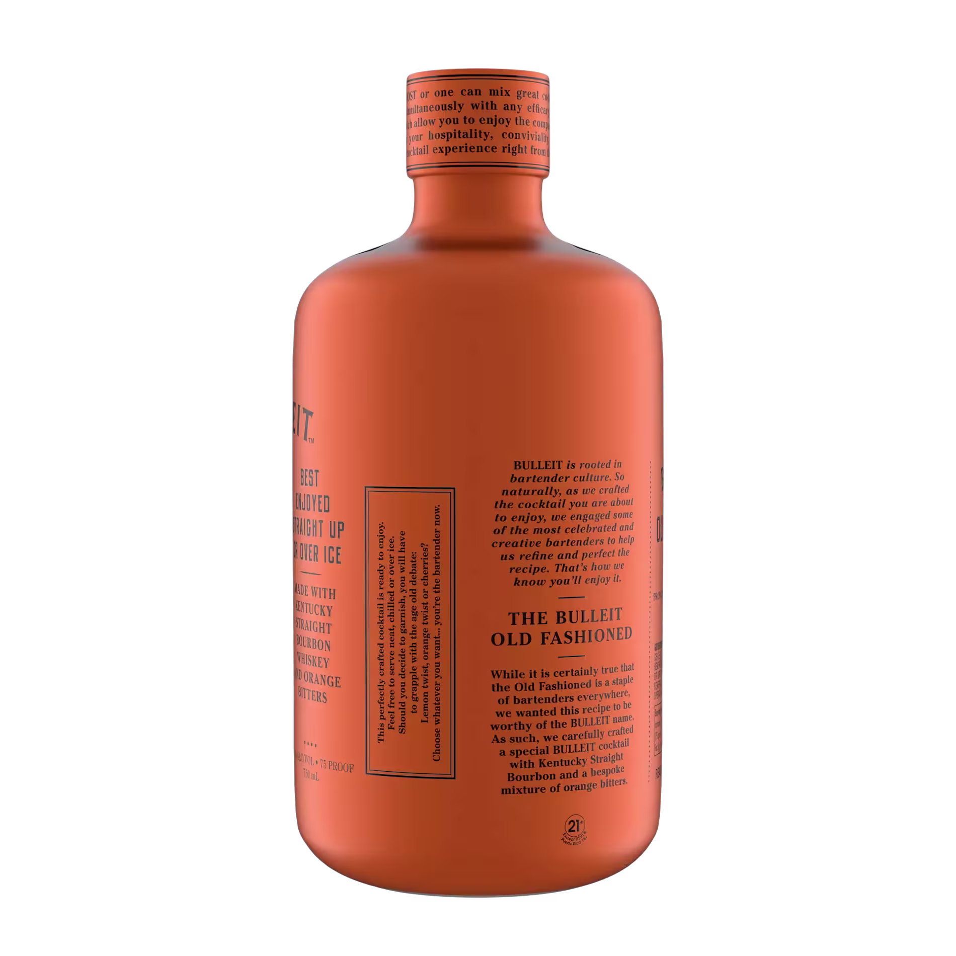 An orange bottle of Bulleit Old Fashioned cocktail, featuring black text with product details and instructions printed directly on the bottle.