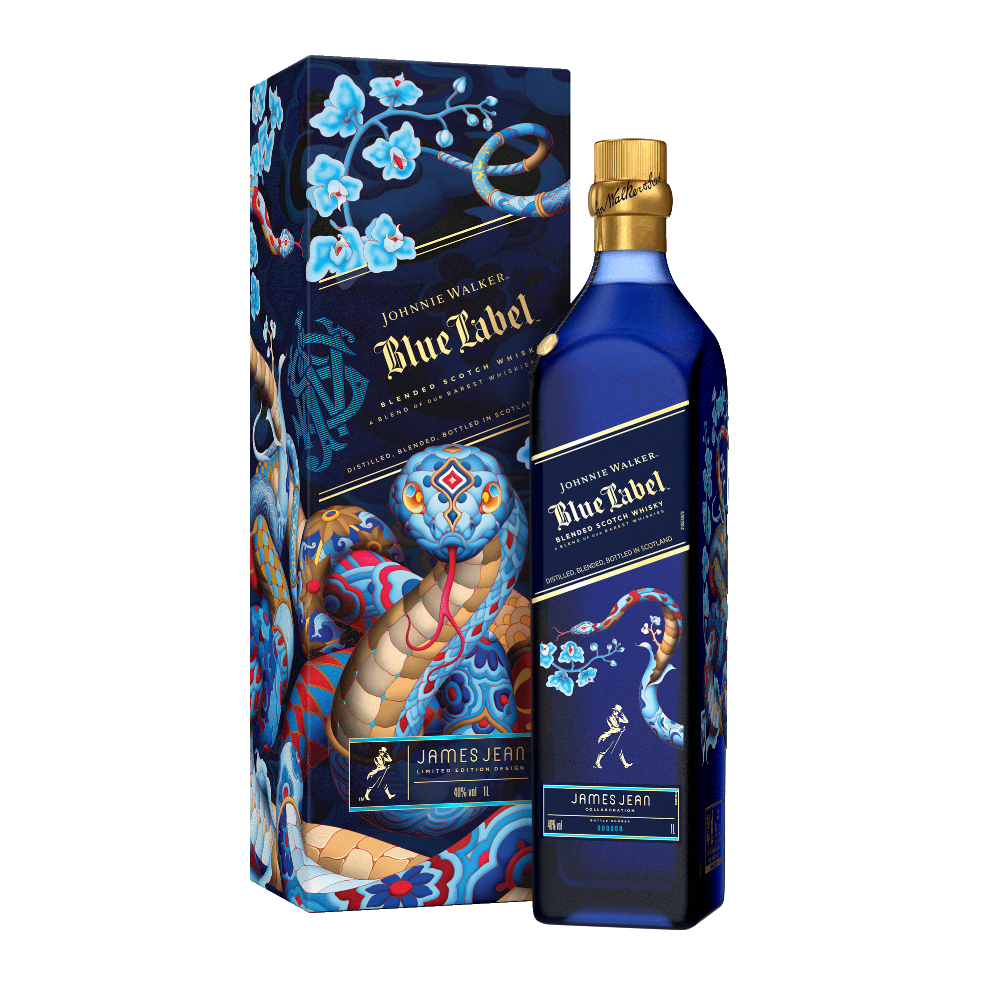A blue bottle of Johnnie Walker Blue Label whisky with a matching decorative box featuring a detailed, colorful snake and floral artwork by James Jean.