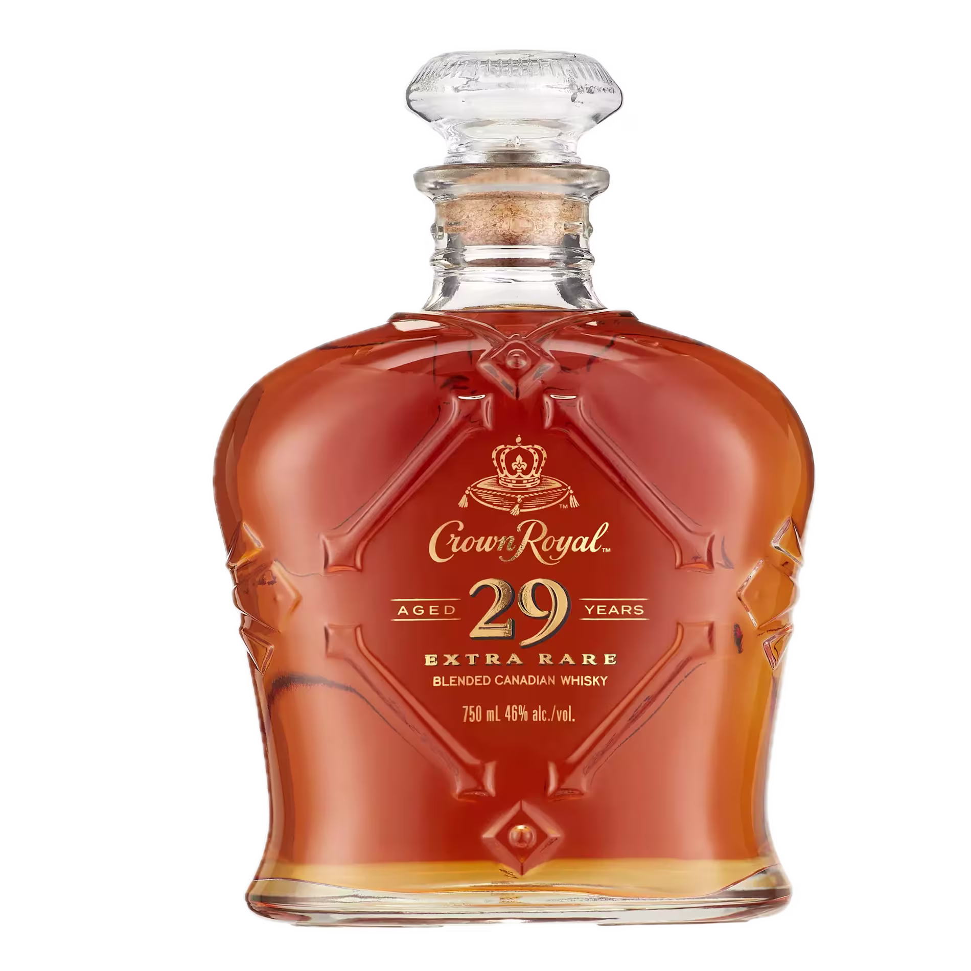 A bottle of Crown Royal Extra Rare 29 Year Aged Blended Canadian Whisky, 750ml, with an ornate glass design and gold labeling.