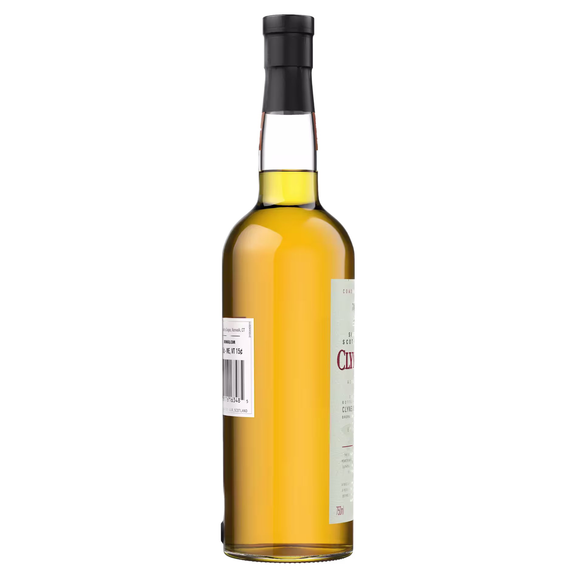 A clear glass bottle filled with golden liquid, featuring a black cap and a visible barcode label on the back.
