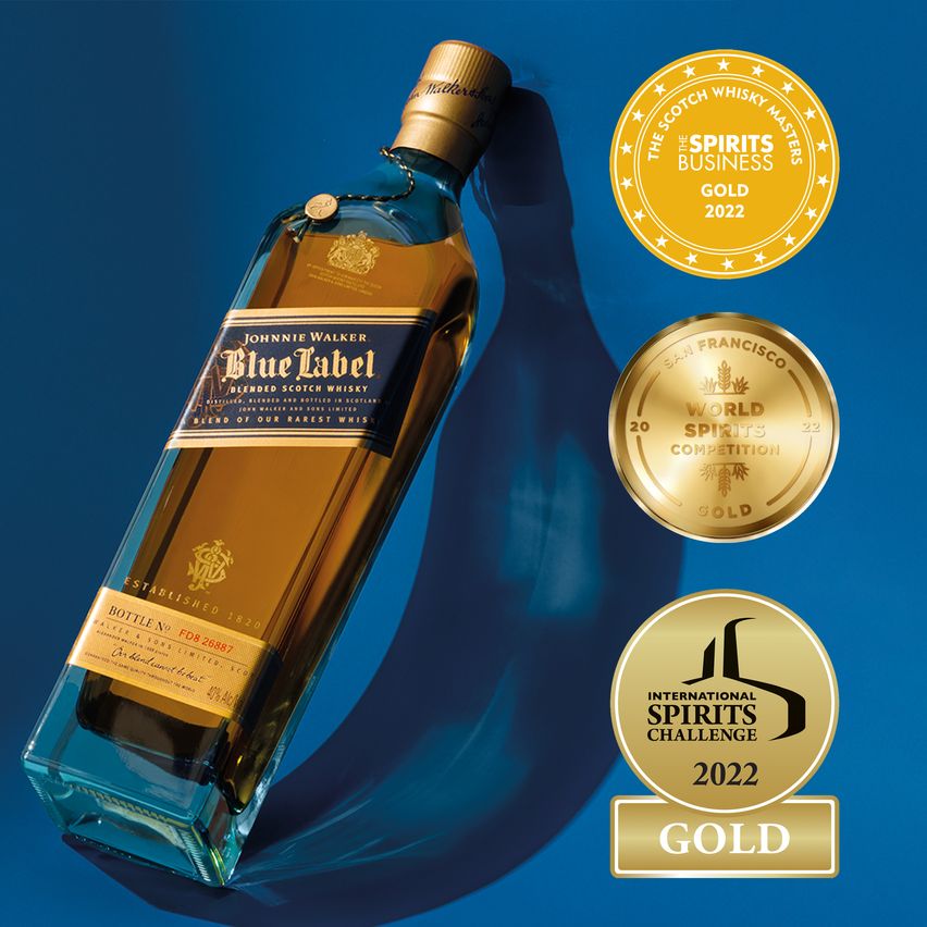 Johnnie Walker Blue Label bottle and the awards it has won