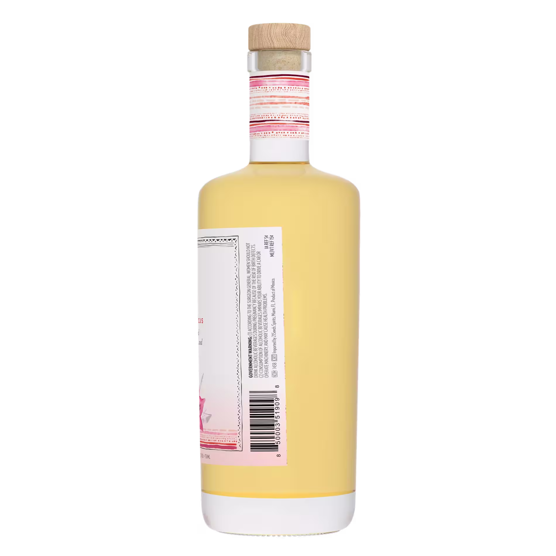 A clear glass bottle with a light yellow liquid, a blank white label with a barcode, and a cork closure, shown against a plain background.