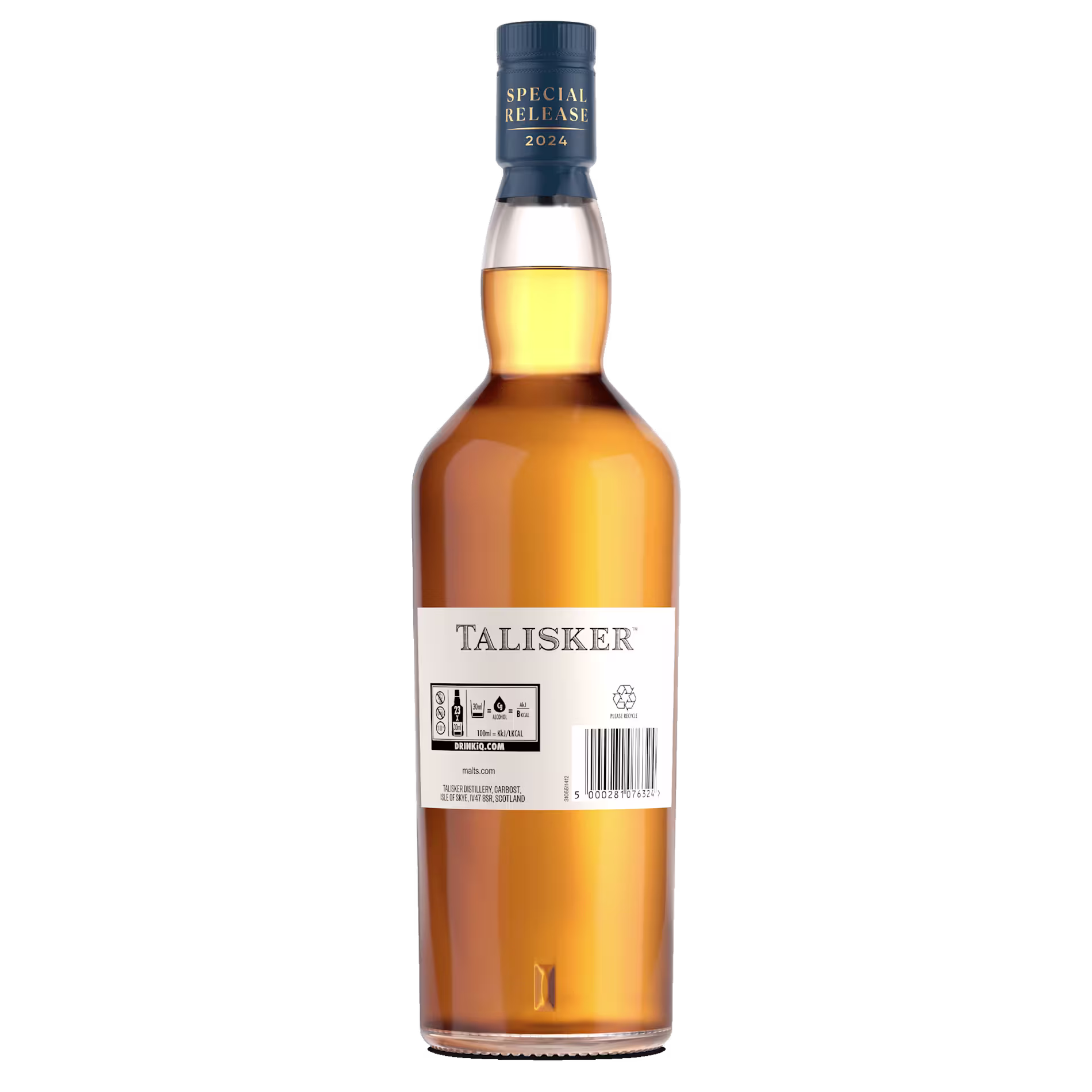 A bottle of Talisker whisky labeled Special Release 2024 with a barcode and recycling symbols on a plain background.