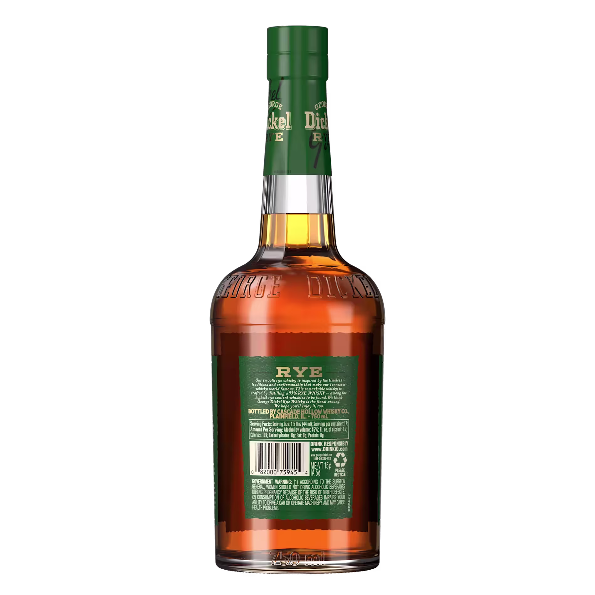 A bottle of Dickel Rye whiskey shown from the back, featuring a green label with product information and a barcode.