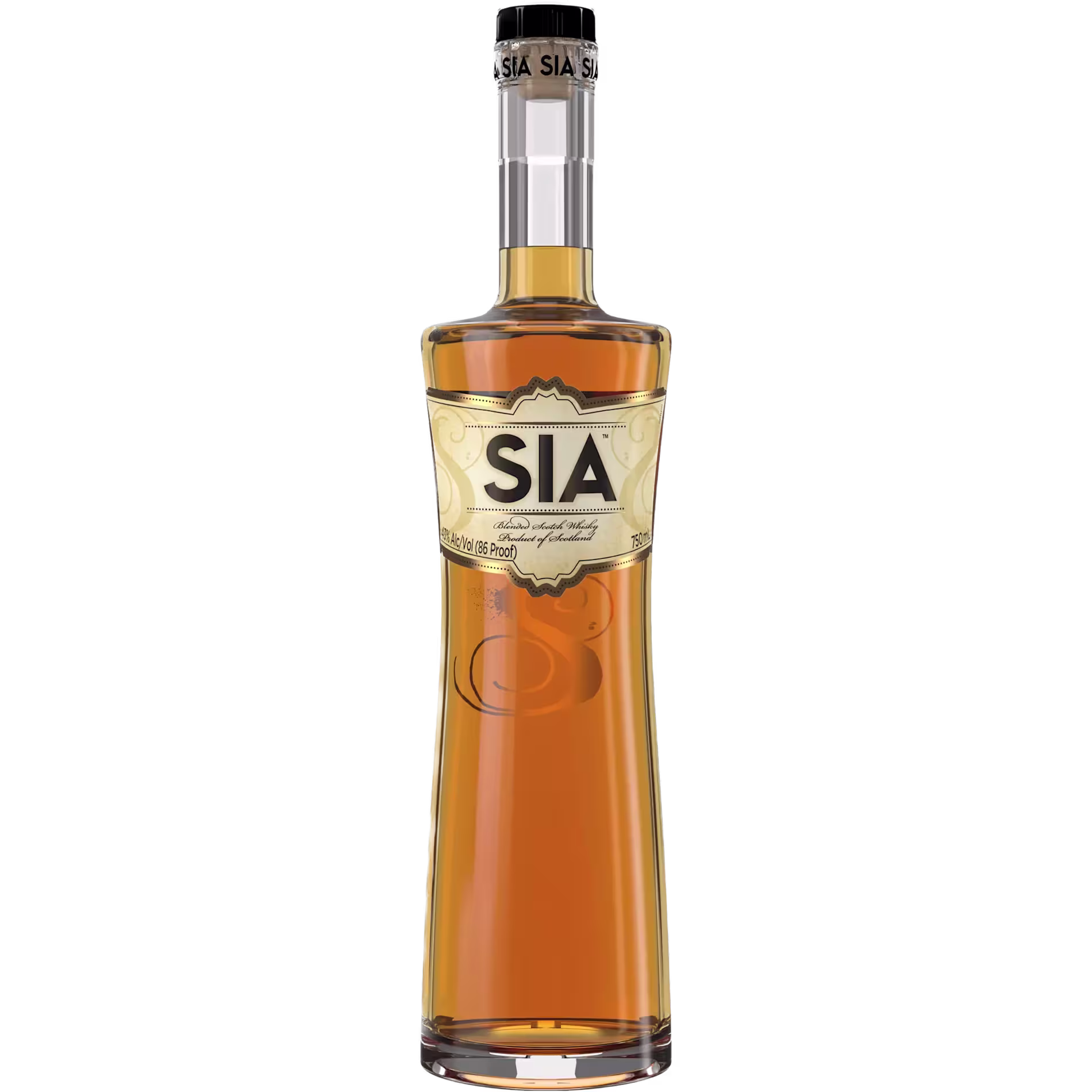 A clear glass bottle of SIA Scotch Whisky with a beige and gold label, filled with amber liquid, set against a black background.