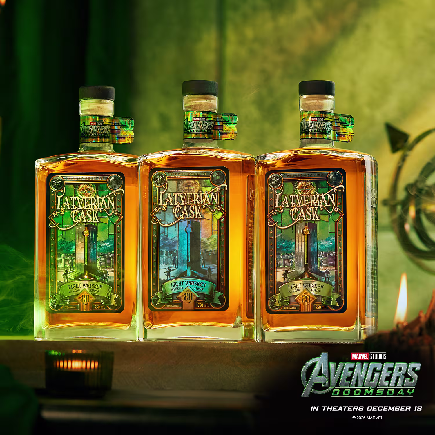 Three bottles of Latverian Cask light whiskey, each featuring an illustrated label of a castle, displayed next to an Avengers: Doomsday movie promotional logo.