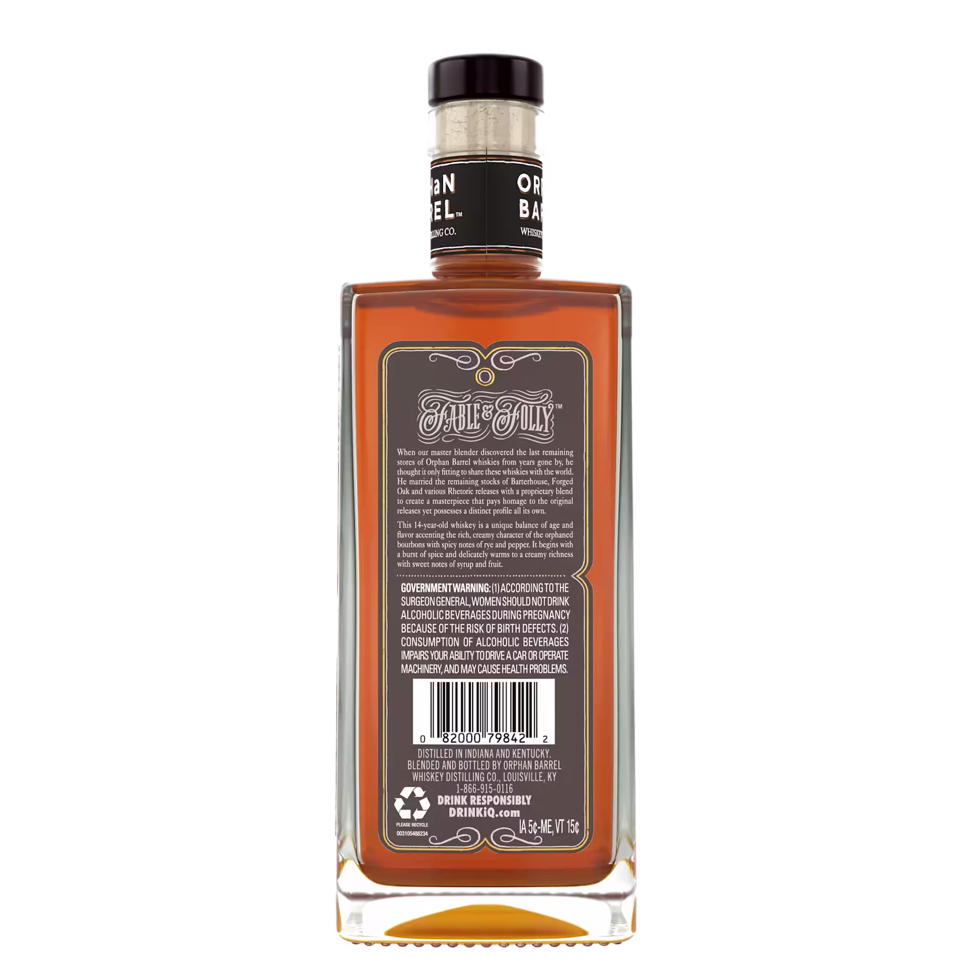 A rectangular bottle of Belle & Tilly whiskey shown from the back, displaying the label with government warning, barcode, and recycling symbol.