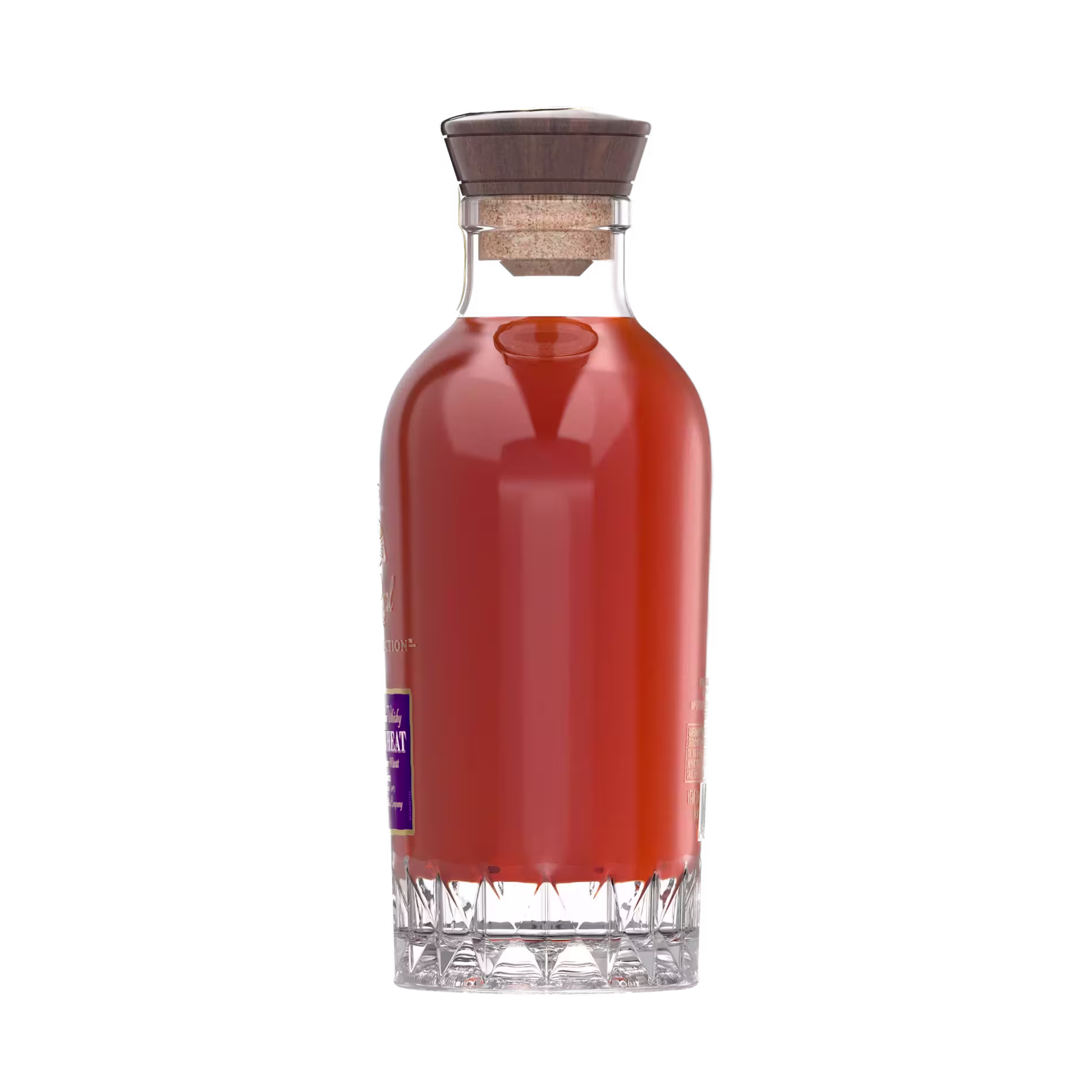 A glass bottle filled with an amber liquid, sealed with a cork and wooden cap, set against a plain black background.