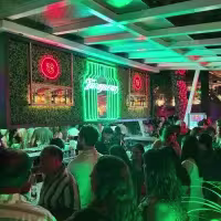 En la imagen se ve la barra de Tanqueray en Amadeus con carteles iluminados y decoración verde.