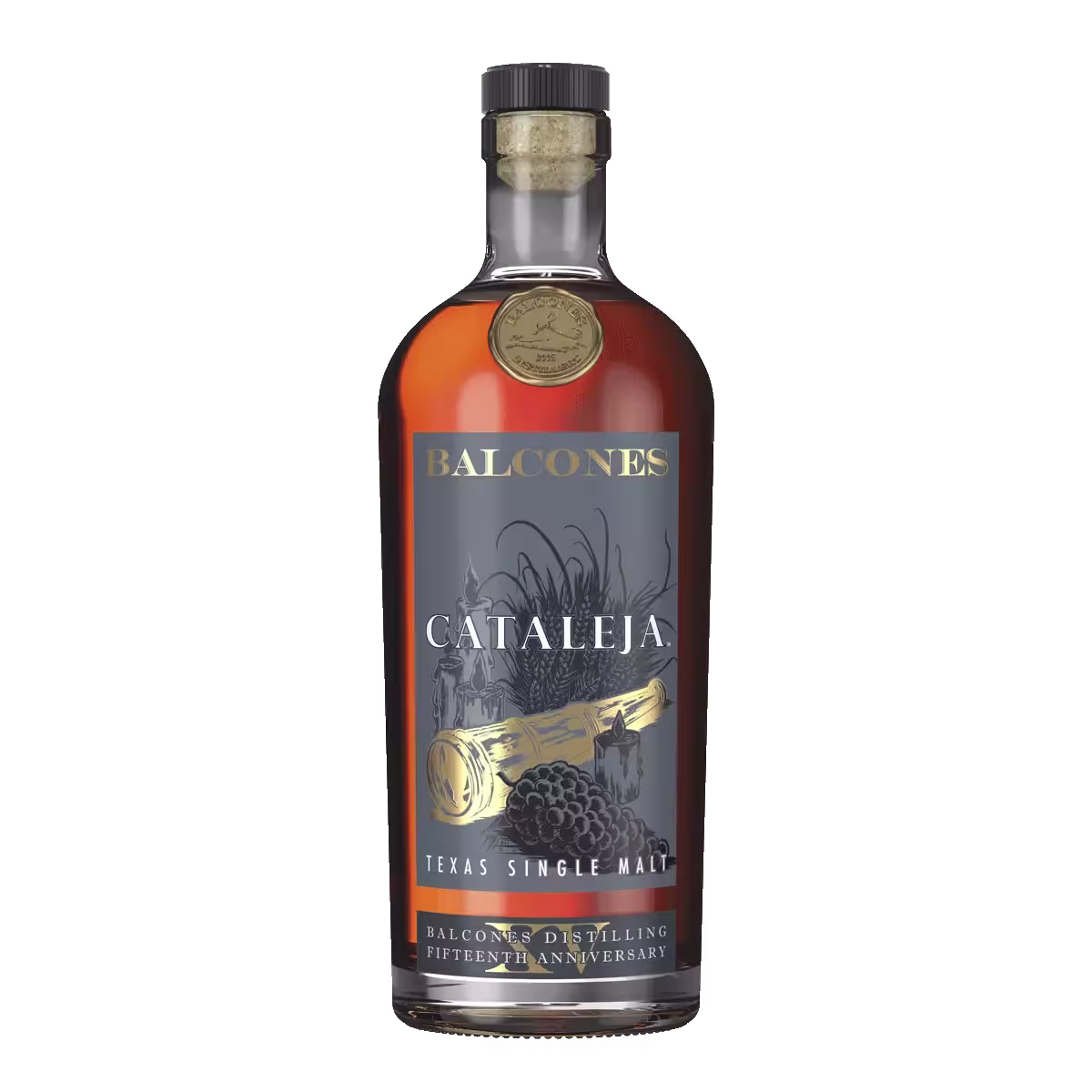 A bottle of Balcones Cataleja Texas Single Malt whiskey with a dark label, gold accents, and a gold medallion on the neck.