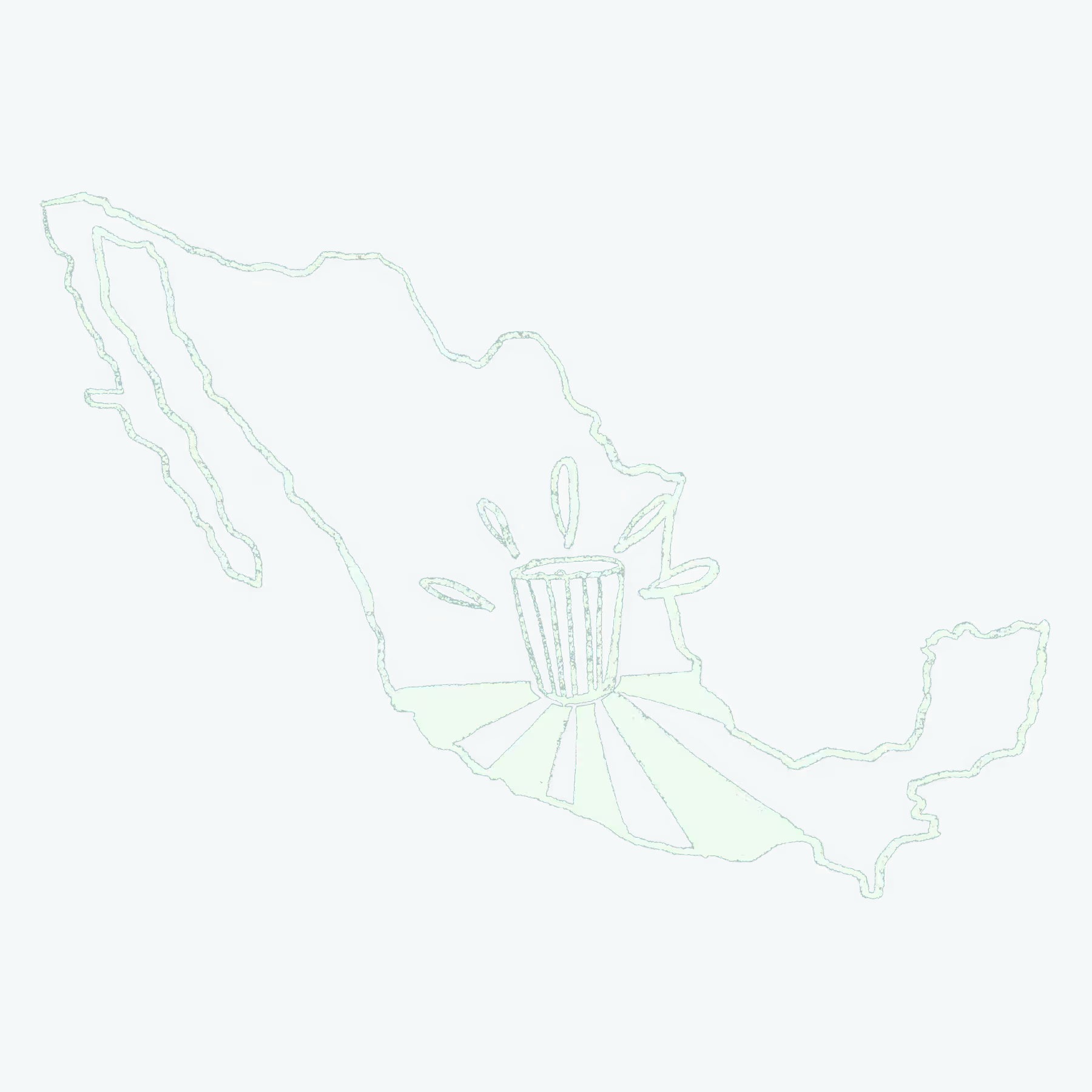 Outline of Mexico with a trash can in the center, emitting rays or lines outward.