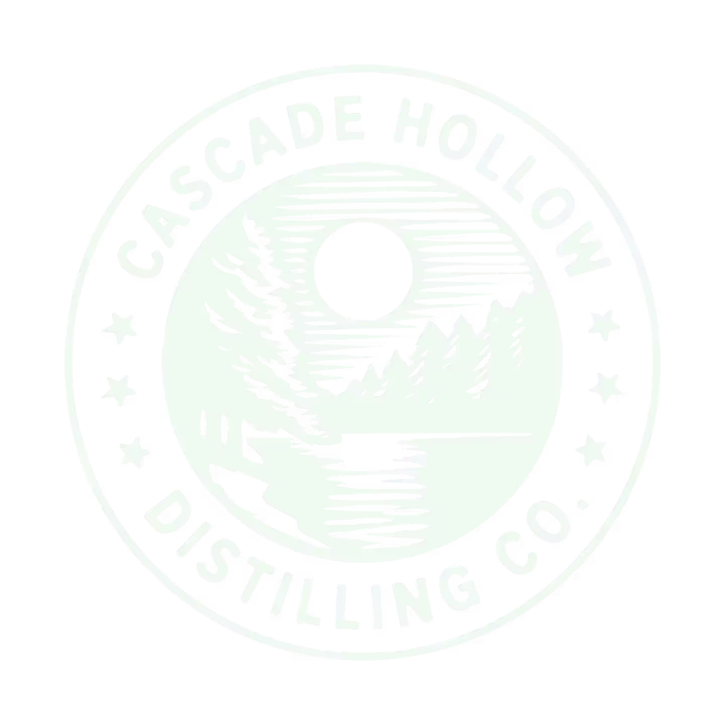 Circular logo for Cascade Hollow Distilling Co. featuring a sun, trees, and water scene in the center, with the company name around the edge.