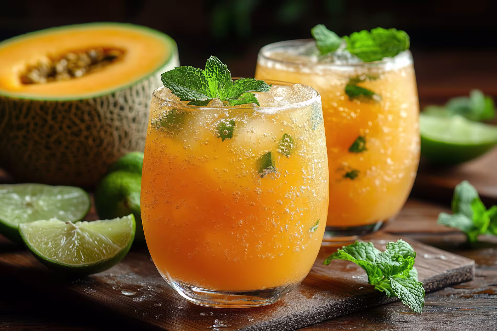Two glasses of orange melon cocktail with mint leaves and ice, placed on a wooden surface, with a halved cantaloupe and lime wedges in the background.