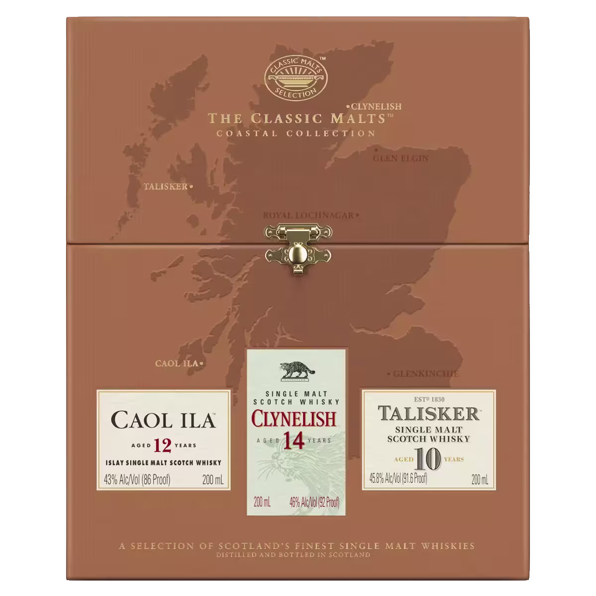 A brown box set labeled The Classic Malts Coastal Collection featuring Caol Ila 12, Clynelish 14, and Talisker 10 Scotch whisky bottles with a map of Scotland in the background.