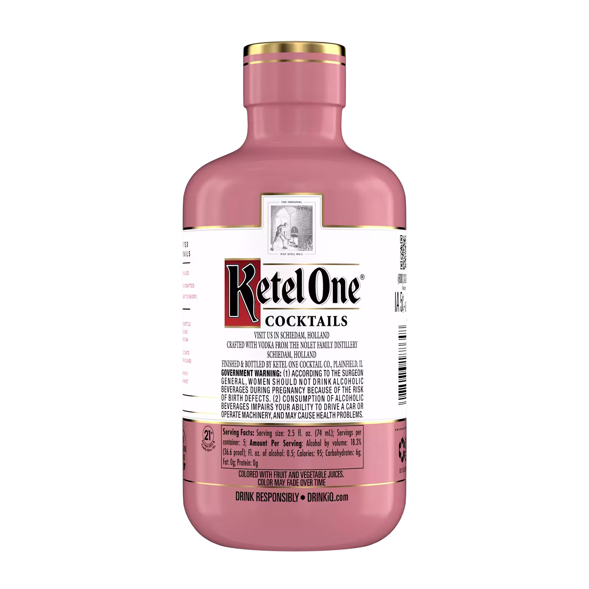 A pink bottle of Ketel One Cocktails with a gold cap and a white label displaying the brand name and product details.