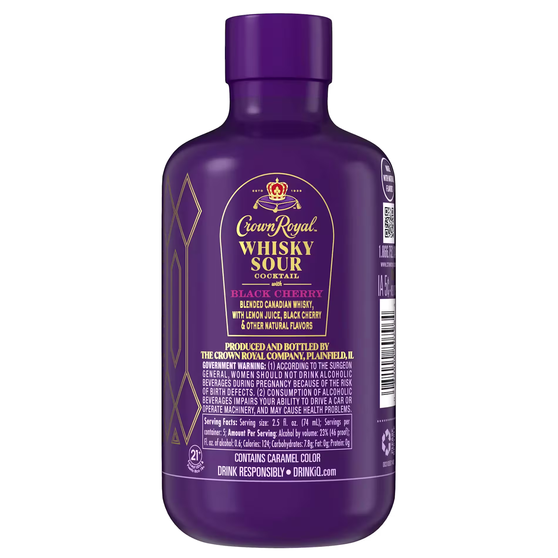 A purple bottle of Crown Royal Whisky Sour Cocktail, Black Cherry flavor, with product details and ingredients listed on the label.