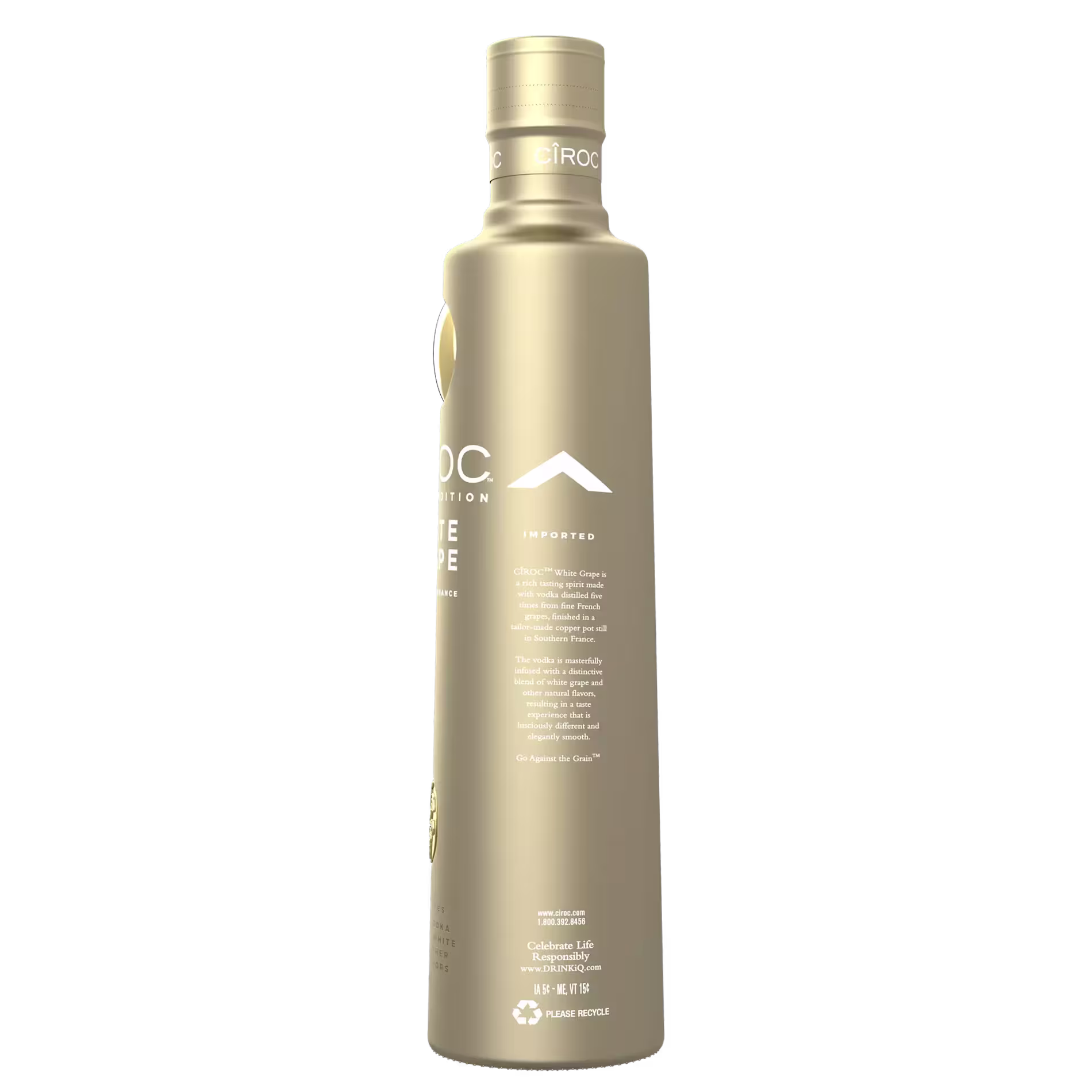 A gold bottle of Cîroc vodka, standing upright against a plain black background, showing its side label and branding details.