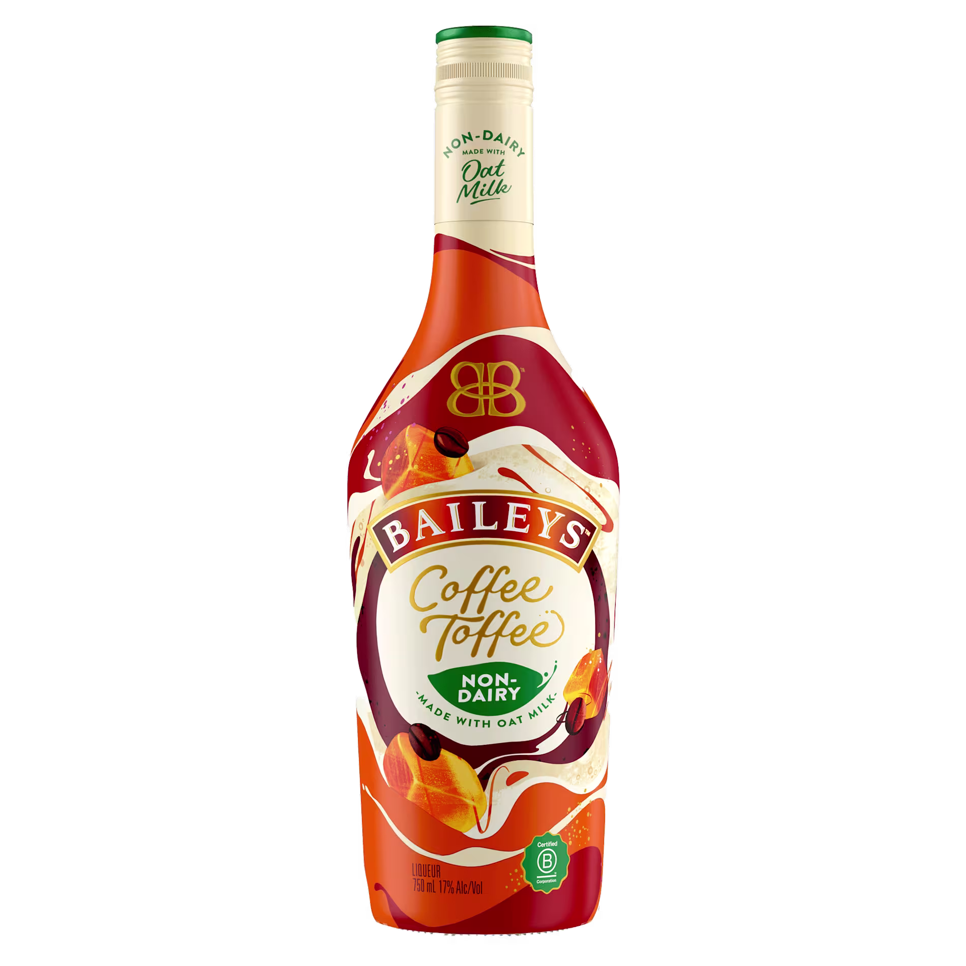 A bottle of Baileys Coffee Toffee Non-Dairy Liqueur made with oat milk, featuring a cream and caramel swirl design on the label.