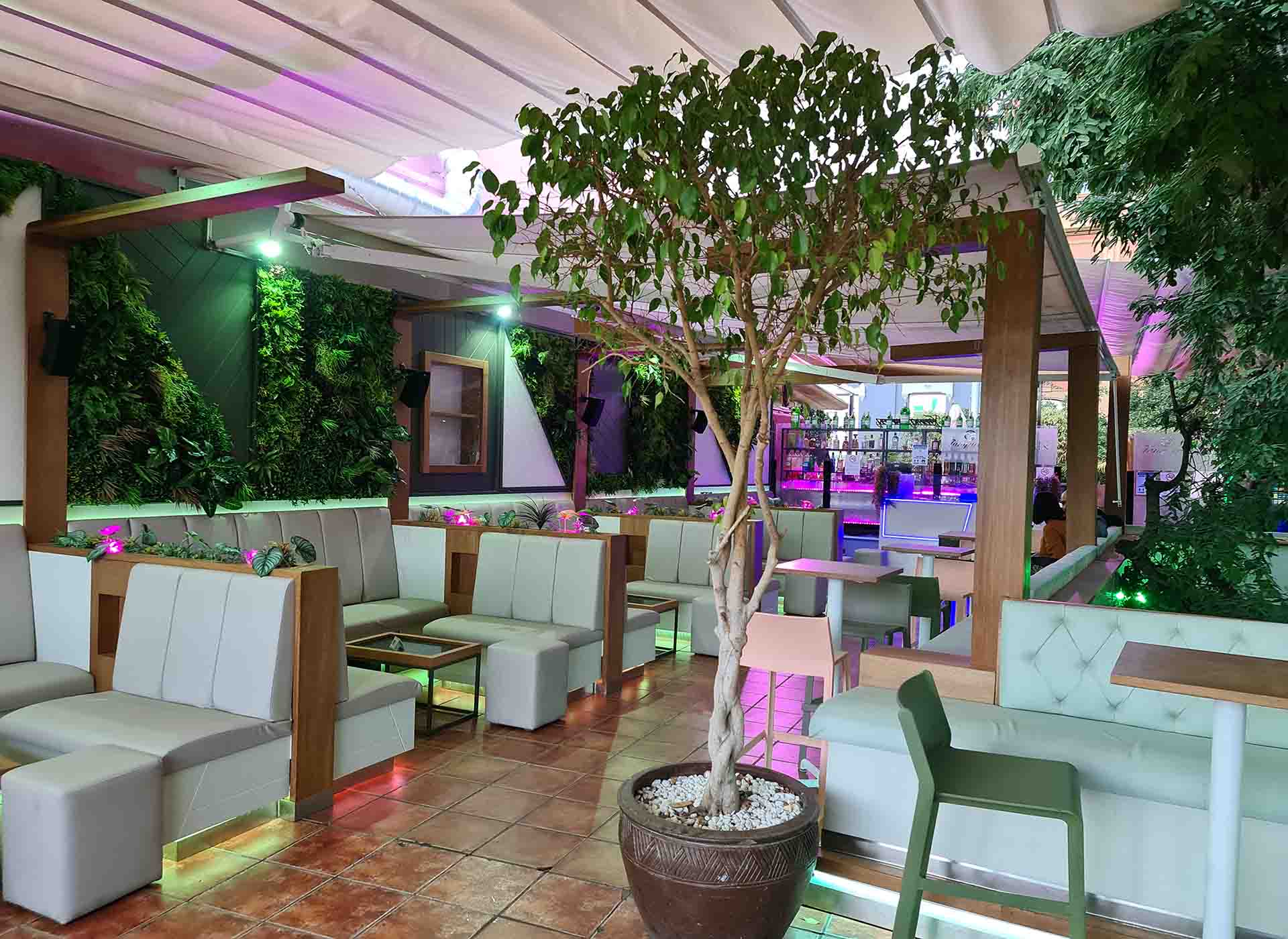 Bulan: Terraza con un diseño fresco y moderno, rodeada de vegetación vertical y cómodos asientos. Las luces sutiles y el ambiente natural crean un espacio ideal para disfrutar de una velada relajada al aire libre.