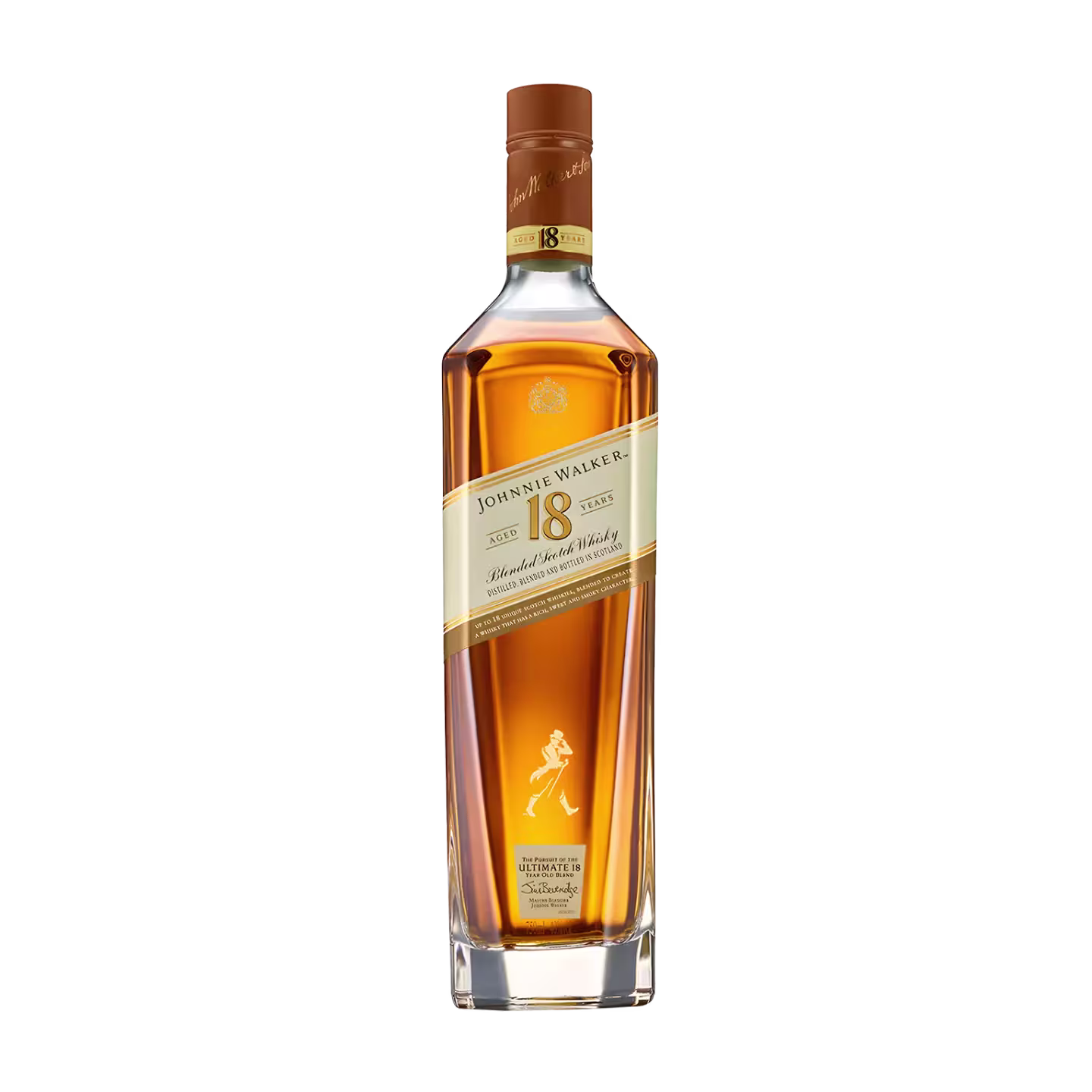 A bottle of Johnnie Walker 18-Year-Old Blended Scotch Whisky with a brown cap and label, filled with amber-colored whisky, set against a black background.