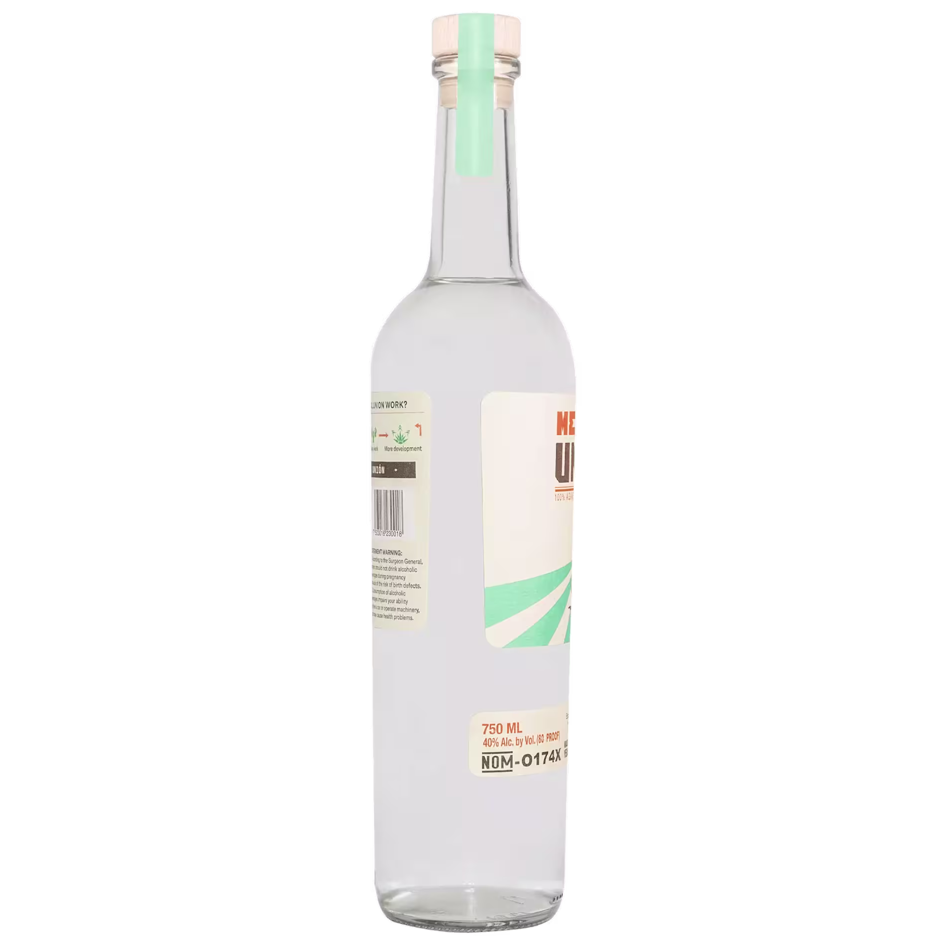 A clear glass bottle with a light wooden cap and a partially visible label, containing a transparent liquid.