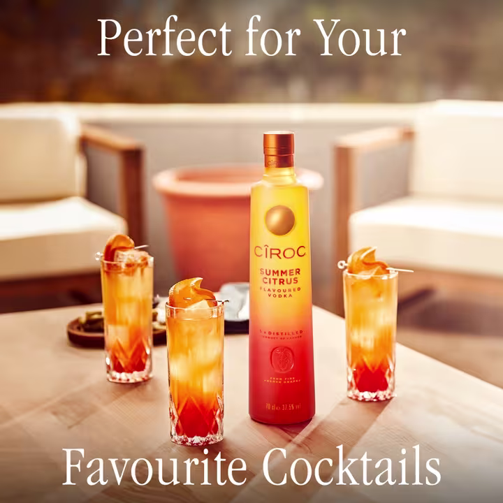 CÎROC Summer Citrus Flavoured Vodka surrounded by 3 cocktails