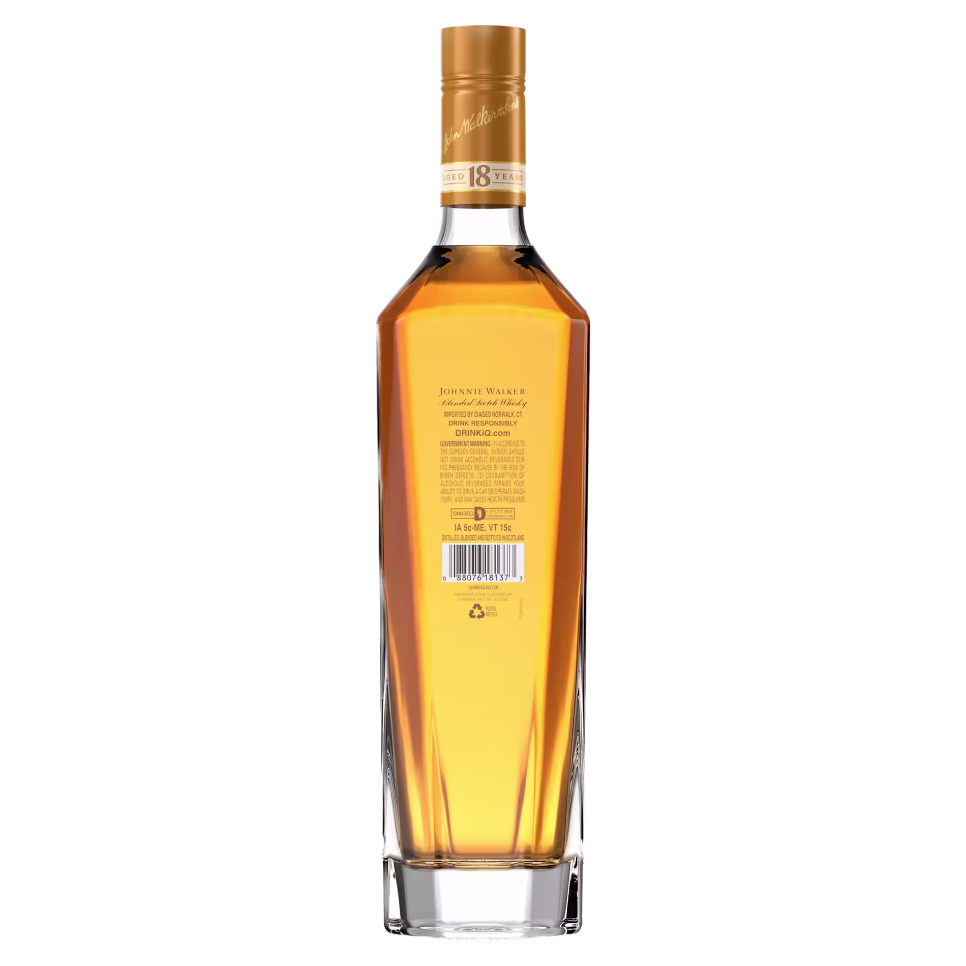 A tall, transparent bottle of whisky with a golden cap, shown from the back, displaying the label, barcode, and recycling symbol.