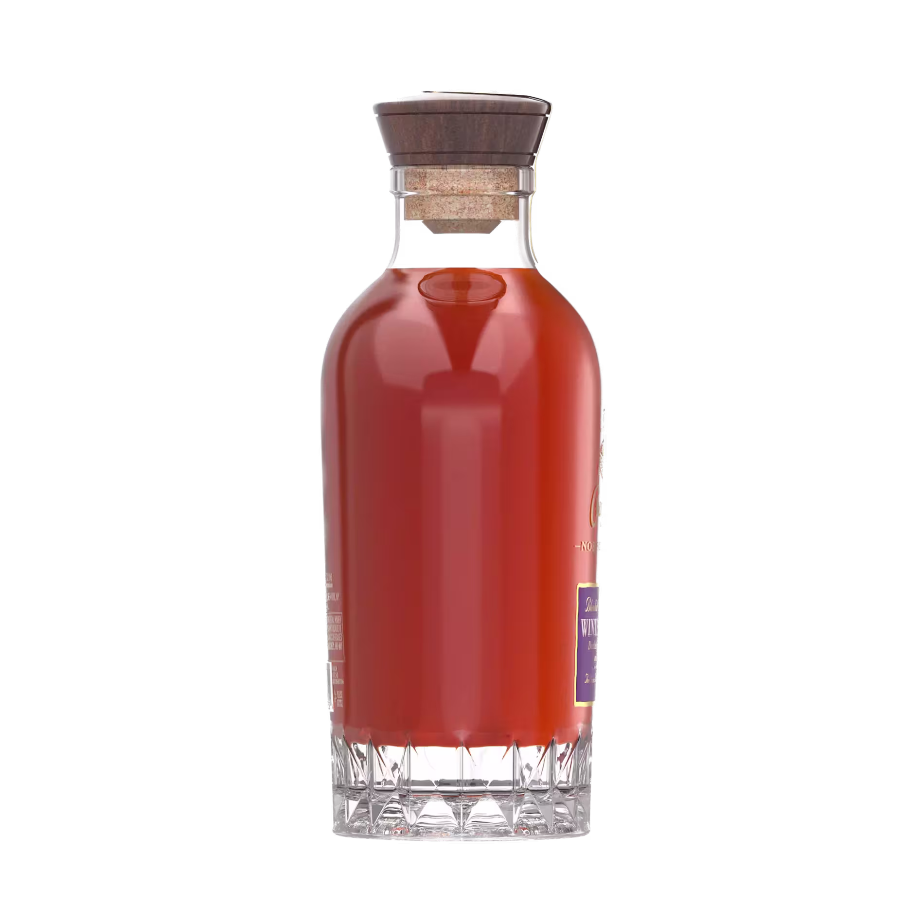 A clear glass bottle filled with an orange-red liquid, sealed with a cork and wooden cap, set against a plain background.