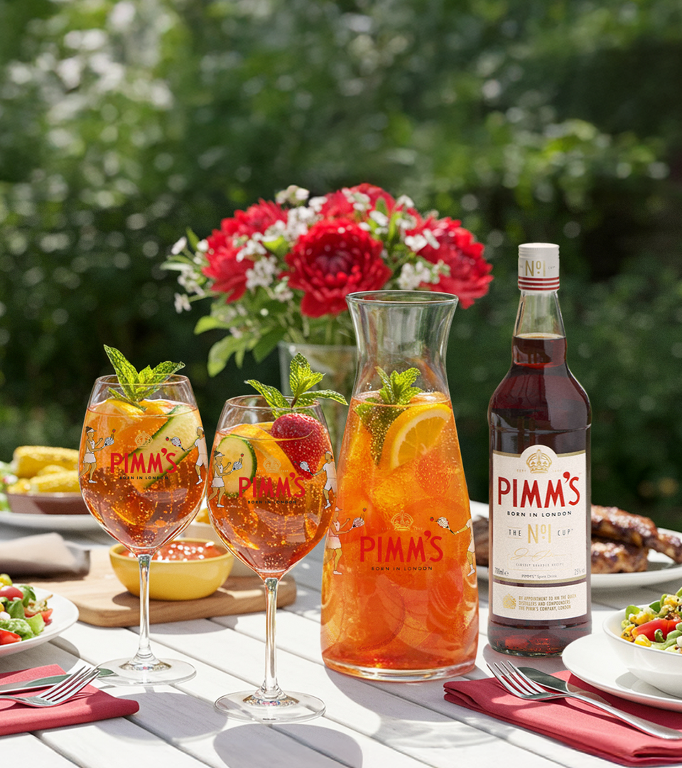 Pimms x Gabriella Taylor Carafe with 2x Wine Glasses on table