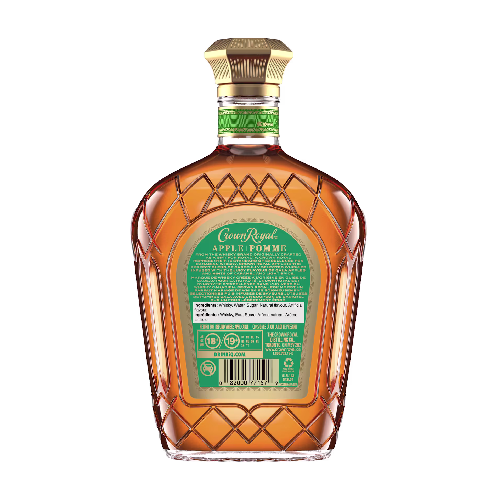 A bottle of Crown Royal Apple whisky shown from the back, displaying the green label with product information and ingredients.