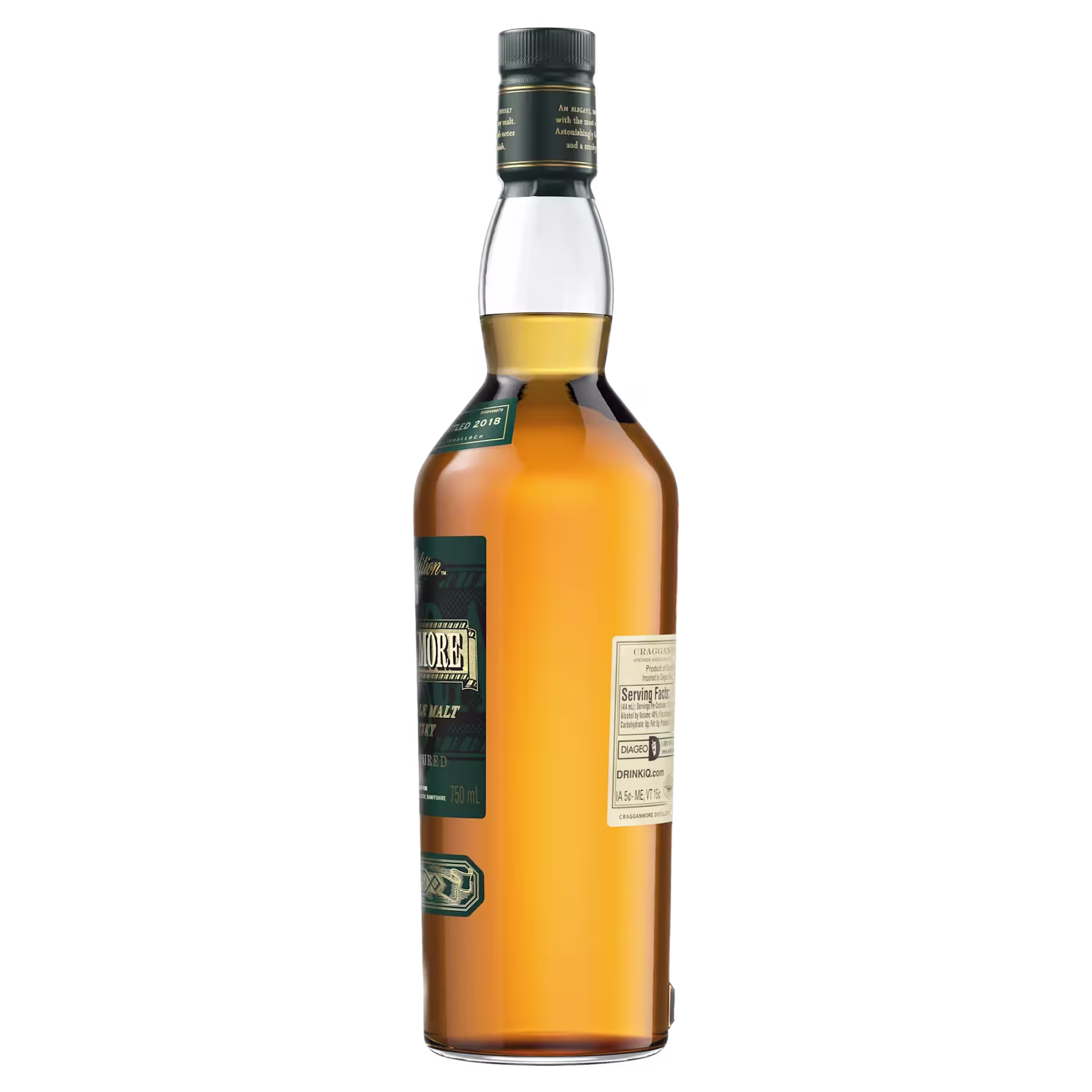 A clear glass bottle of whisky with a dark green label and a dark cap, shown from an angle displaying the side and back labels.
