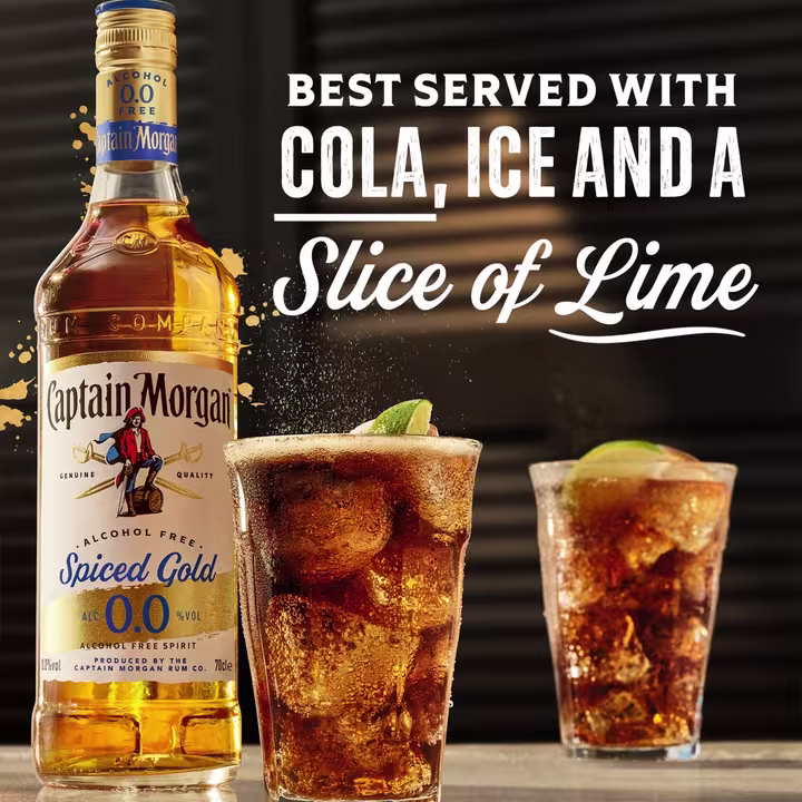Captain Morgan Spiced Gold serve cola, ice and lime