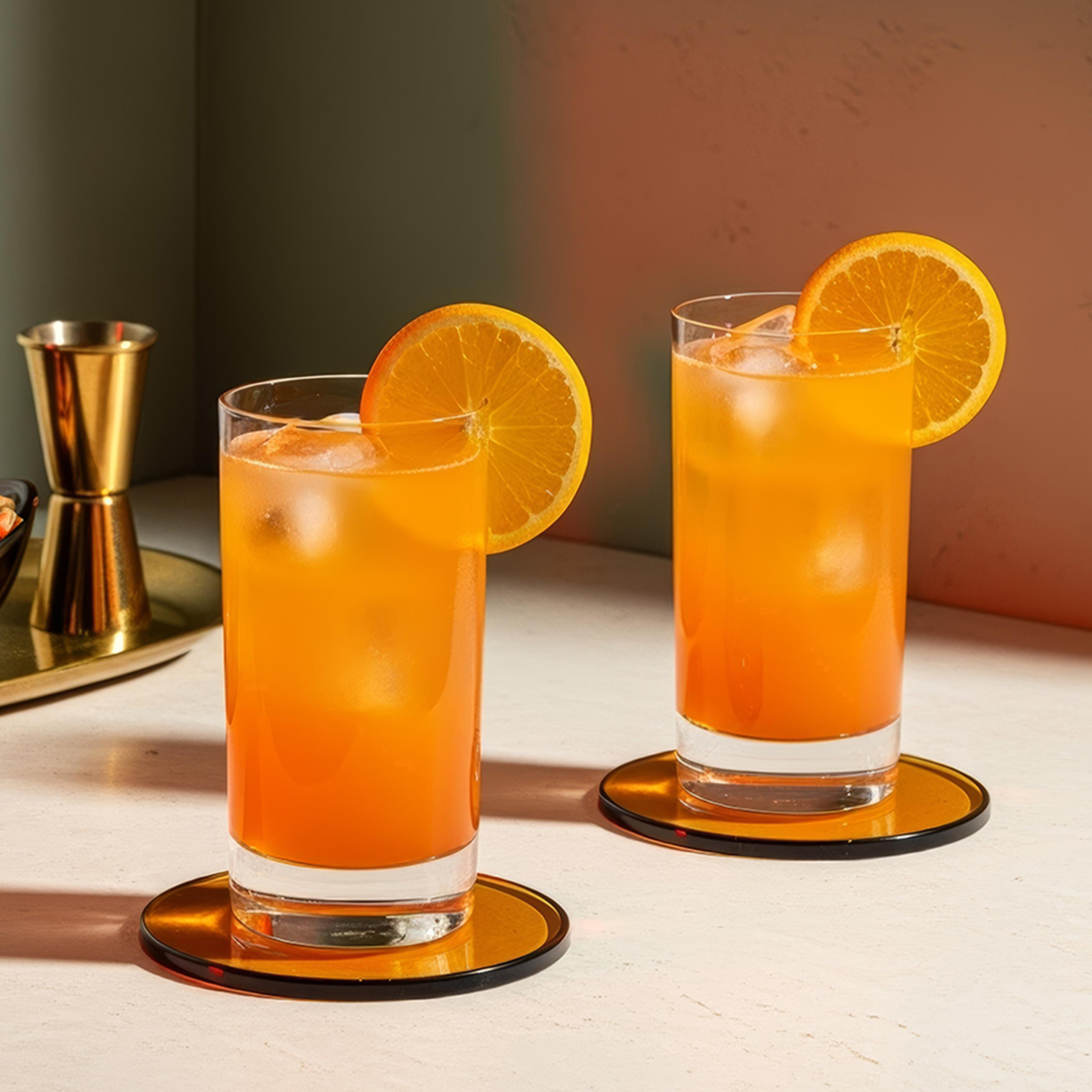 Two Harvey Wallbanger cocktails with orange slice garnishes on a shiny table.