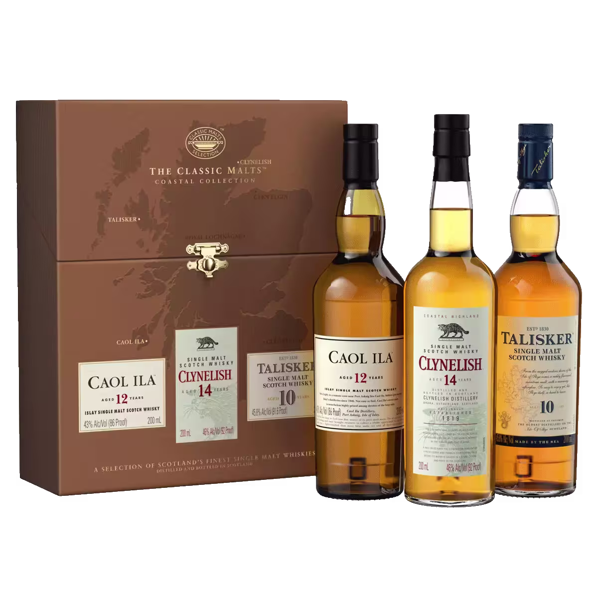 Three bottles of Scotch whisky—Caol Ila 12, Clynelish 14, and Talisker 10—stand beside a brown box labeled The Classic Malts Coastal Collection.