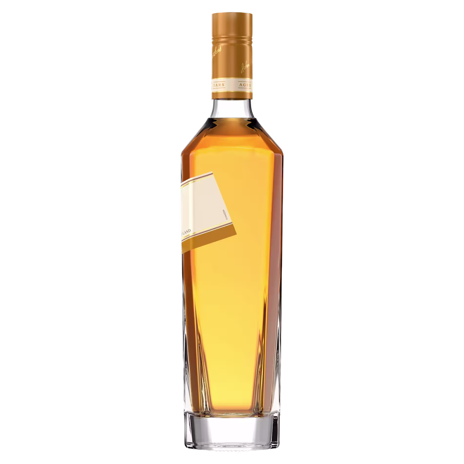 A bottle of whisky with a golden cap and label, filled with amber liquid, displayed against a black background.