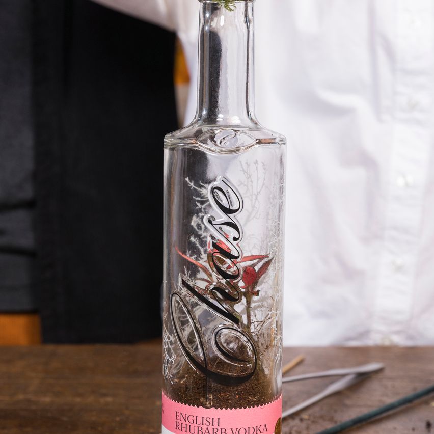 Chase vodka bottle shot on a tablewith moss for terrarium