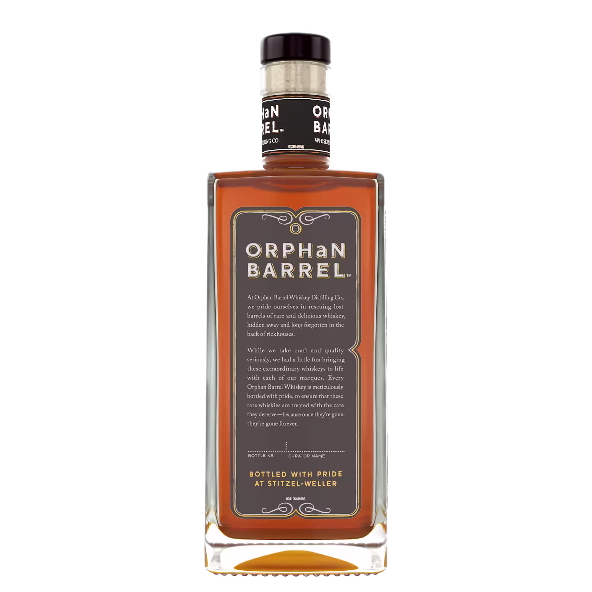 A bottle of Orphan Barrel whiskey with a rectangular shape, amber liquid, and a label describing the brand and distillery details.