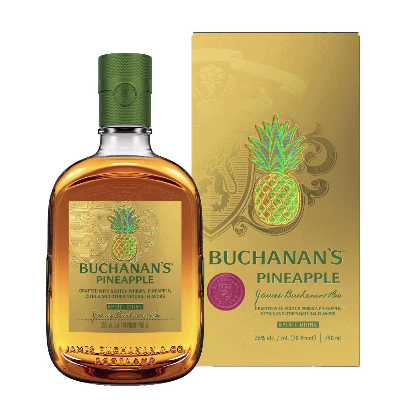 A bottle of Buchanan’s Pineapple spirit drink with green cap, displayed in front of its matching yellow and green box featuring a large pineapple graphic.