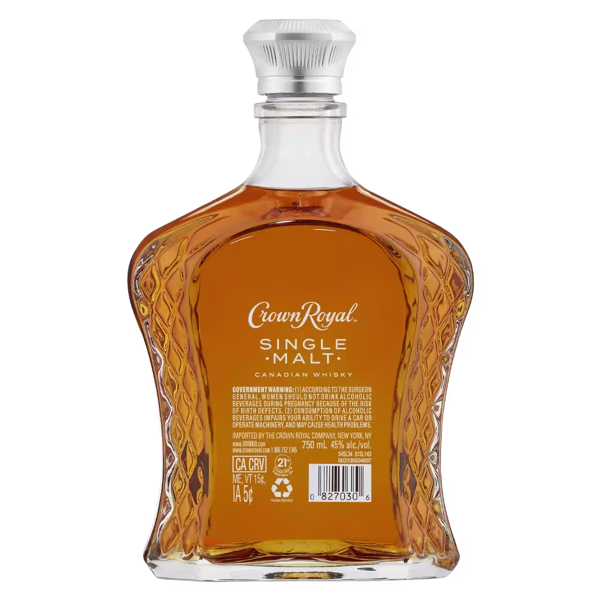 A bottle of Crown Royal Single Malt Canadian Whisky, 750 ml, with a clear glass decanter and gold whisky inside.