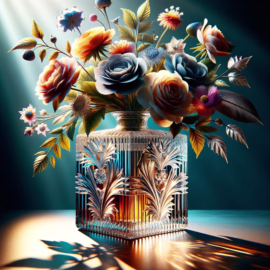 A glass vase with intricate patterns holds a vibrant bouquet of assorted flowers, illuminated by dramatic, angled lighting.