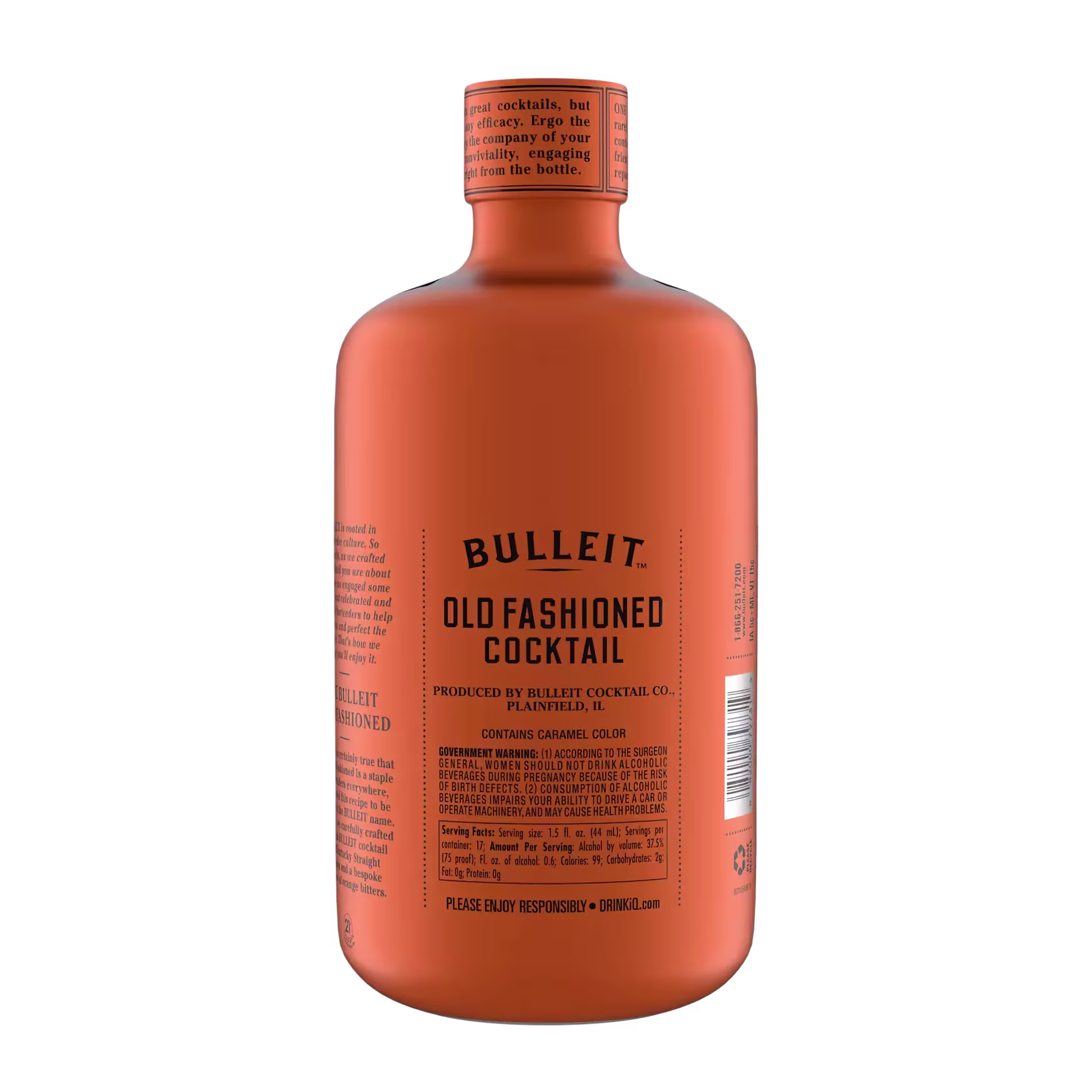 A matte orange bottle labeled Bulleit Old Fashioned Cocktail with black text, featuring product and company information on the front.