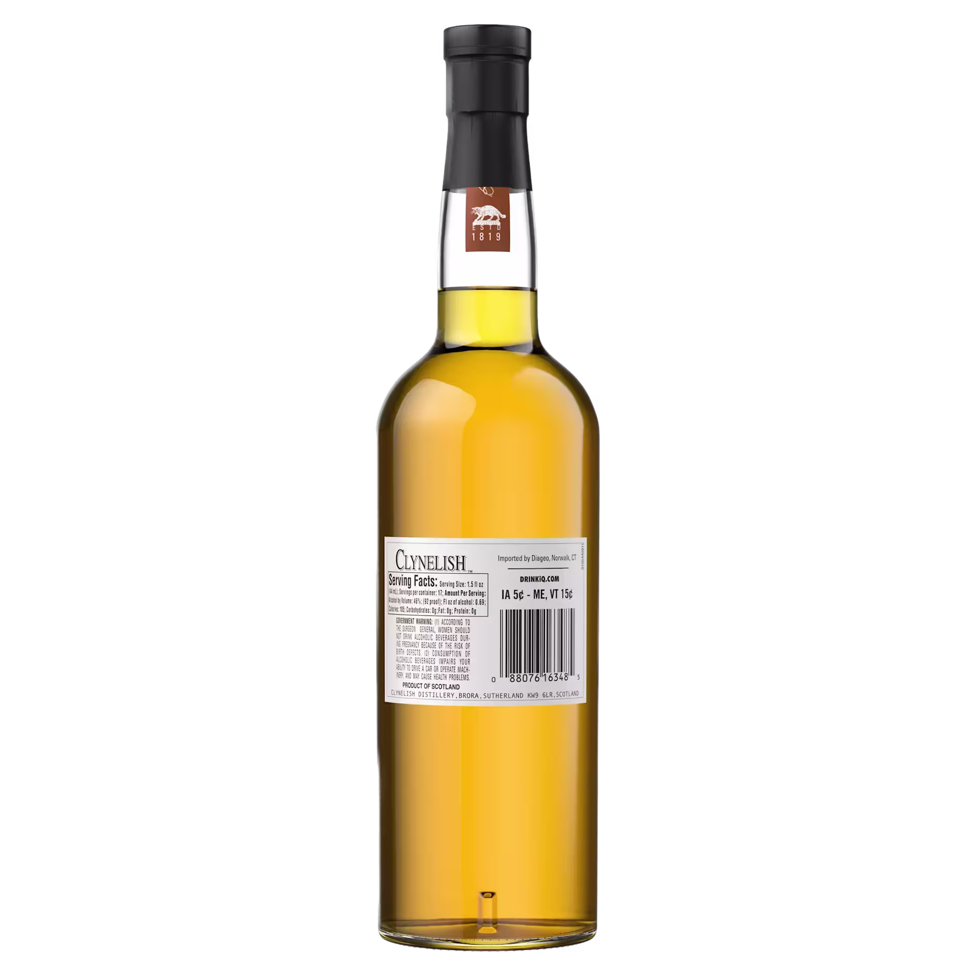 A single bottle of Clynelish Scotch whisky shown from the back, with a white label and barcode visible on the bottle.
