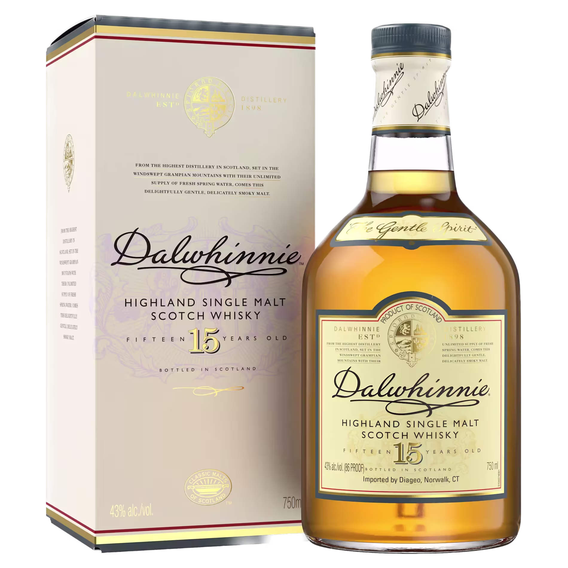 A bottle of Dalwhinnie 15 Year Old Highland Single Malt Scotch Whisky is shown next to its matching box packaging.