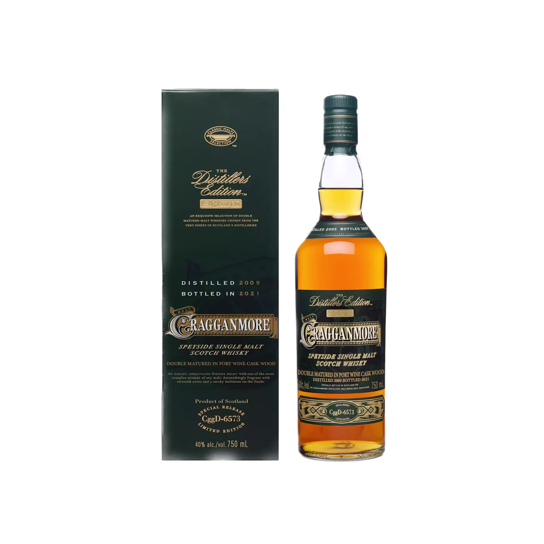 A bottle of Cragganmore Distillers Edition Scotch whisky stands next to its dark green box, both featuring gold and white labeling.