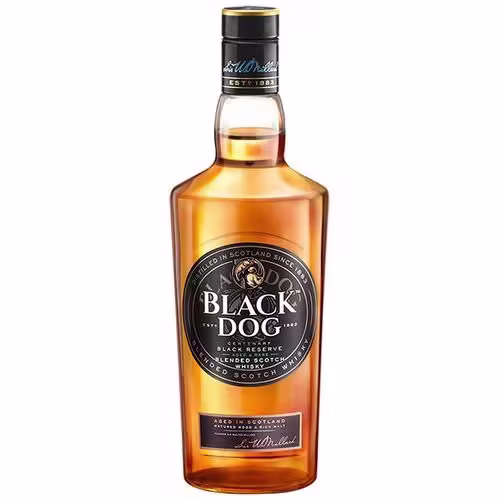 A bottle of Black Dog Black Reserve Blended Scotch Whisky with a black and gold label on a white background.
